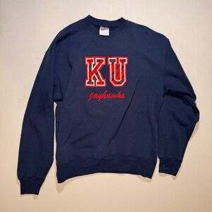 90s Kansas Jayhawks KU Sweater Mens L Navy Hanes Plaid Patch University NCAA